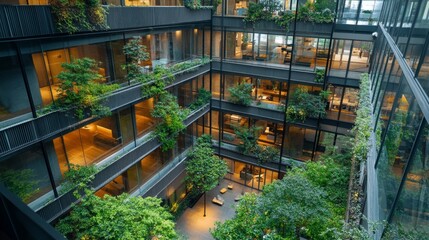 Elegant Business Complex Featuring Floor-to-Ceiling Windows and Lush Indoor Gardens in a Modern Architectural Design