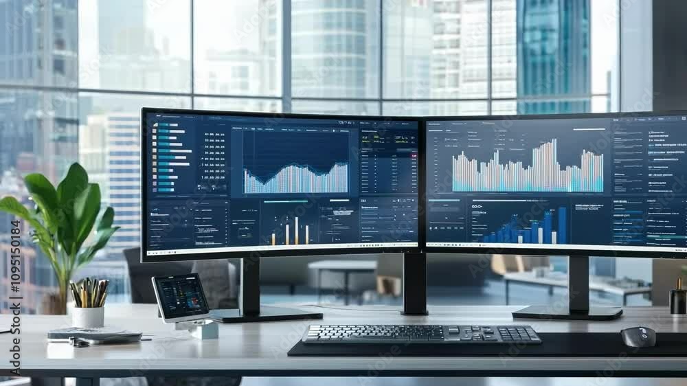 Poster multiple screens are displaying data and charts in a modern monitoring room. the image evokes concep