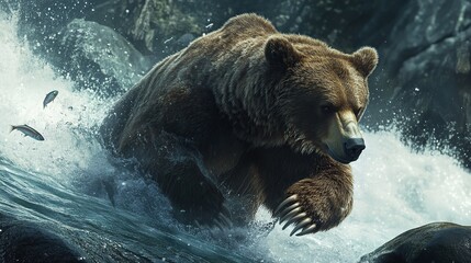 Obraz premium A powerful bear splashes through a river, hunting for fish in a natural setting.