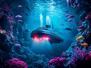 Stunning Submarine Exploring the Vibrant Underwater World Surrounded by Colorful Coral Reefs and Diverse Marine Life in a Serene Ocean Environment