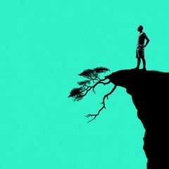 Naklejka premium Man Silhouette Clifftop Tree Teal Background Courage Freedom