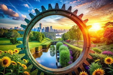 Obraz premium Vibrant Double Exposure of Colored Cog Wheels Intertwined with Nature's Beauty and Urban Landscapes for Creative Visuals and Conceptual Imagery