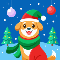 dog and christmas tree in winter A festive dog in a Santa hat and green scarf, in a snowy scene with lights and decorations.