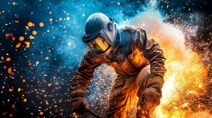 Fototapeta premium Dynamic Scene of a Metal Worker Welding with Bright Sparks Flying Amidst Smoke and Flames, Showcasing a Builder's Skill and Dedication in Action