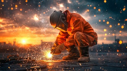 Skilled Welder in Safety Gear Crafting Metal with Bright Sparks Flying Against a Dramatic Sunset Background, Showcasing the Art of Welding and Metalwork