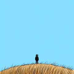 Obraz premium Lone Figure in Hat on Golden Hill Under Blue Sky Peaceful Landscape Illustration