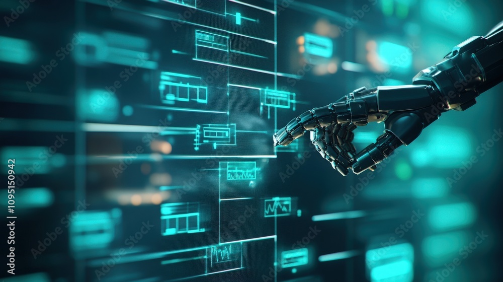 Poster Futuristic robotic hand interacting with digital interface showcasing various technology elements and holographic displays in a modern space