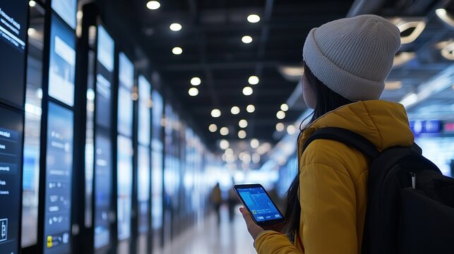 A passenger navigating a modern airport terminal with ease, using digital signage and apps to find their way.