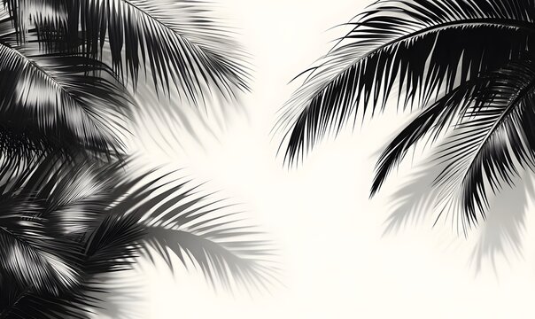 An abstract vector illustration featuring a stark black and white background with intricate palm tree shadows casting dynamic