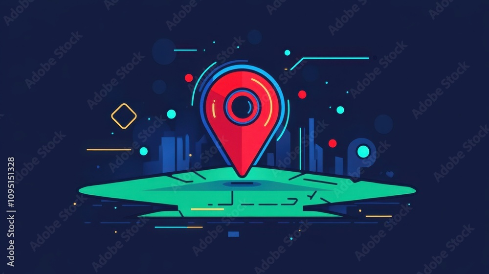 Poster vibrant geolocation marker with abstract background featuring stylized map elements and data visuali