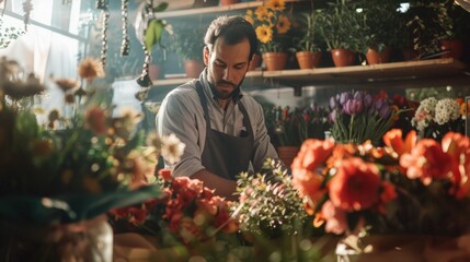 Male florist organising flowers for customer from home