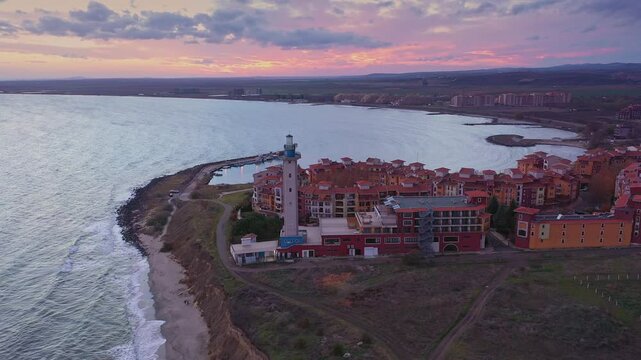 Aerial view to sea resort Aheloy on the Bulgarian Black Sea coast at sunset