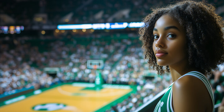 cute beautiful serious black woman 20 - 25s wearing green & white sport outfit sitting in the crowded stands; basketball court in the background; copy space