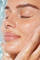 Fototapeta premium Relaxing Close-Up of a Model's Face Being Gently Massaged with Water, Showcasing Soft Skin and Natural Beauty in a Tranquil Spa Setting