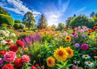 Fototapeta premium Vibrant Garden Scene with Colorful Flowers and Green Foliage, Showcasing a High Depth of Field for Nature Enthusiasts and Photographers Alike