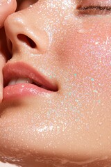 Fototapeta premium Close-Up Shot of a Model's Face with Hydrating Essence, Glowing Skin and Dewy Finish, Capturing the Beauty and Radiance of Healthy Skin
