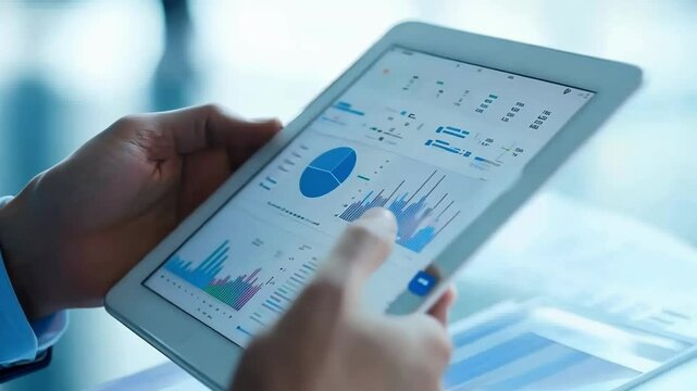 Businessman analyzing financial data on a tablet, showing professionalism and expertise in finance and technology