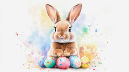 Fototapeta premium Cute Easter rabbit with colorful eggs in a watercolor style card design. Generative AI