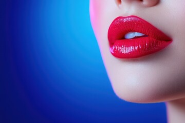 Obraz premium A Sultry Close-Up of a Model Applying Deep Red Lipstick with a Bright Blue Background Emphasizing Her Glamorous Look and Perfectly Sculpted Lips
