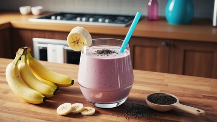 Banana smoothie preparation kitchen beverage recipe cozy environment close-up healthy living with bananas