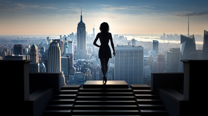 Woman s silhouette ascending steps against city skyline at sunrise, representing ambition and growth
