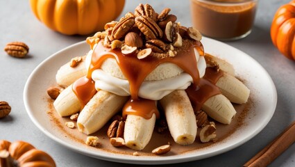 Delicious banana dessert with caramel sauce cozy kitchen food photography warm atmosphere comforting indulgence