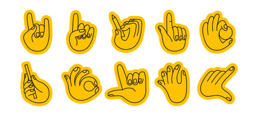 Vector set of icons and simple linear illustrations, hands and gestures, poster, logo, print design template, hand drawn hands  in minimal modern art style, stickers for social media