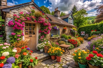 Fototapeta premium Vibrant Lakeland Cottage Surrounded by a Stunning Array of Colorful Container Flowers in a Lush Garden Setting with Inviting Atmosphere and Scenic Views