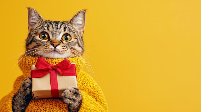 Cute tabby cat wearing a yellow knitted scarf holding a gift box with a red ribbon on a bright yellow background. Minimal festive banner or postcard with empty copy space. Birthday or Christmas presen