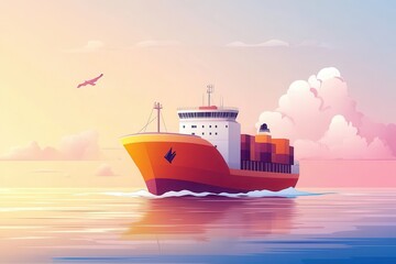 Vibrant Freight Ship Sailing Through Calm Waters at Sunset with Colorful Clouds and Tranquil Sea, Ideal for Transport and Logistics Concepts