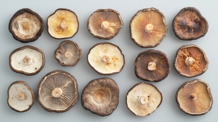 Fototapeta premium A Varied Selection of Natural Mushrooms Displayed on a Neutral Background, Showcasing Unique Textures, Shapes, and Color Patterns in Detail