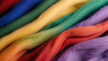 Colorful Rainbow Gradient of Soft Wool Fibers Blending Together in Vivid Strands, Perfect for Crafting, Textiles, and Artistic Projects