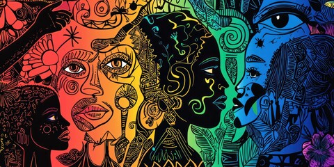 A vibrant hand-drawn illustration for Black History Month featuring symbols of unity, equality, and cultural pride.