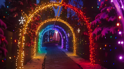 Fototapeta premium Christmas lights on a busy street with lots of people.stunning hues of the nightlight tunnel as a backdrop. The day of happiness is depicted in every decoration.