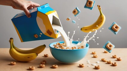 Pouring milk with bananas into a bowl breakfast scene home kitchen playful atmosphere top view healthy start