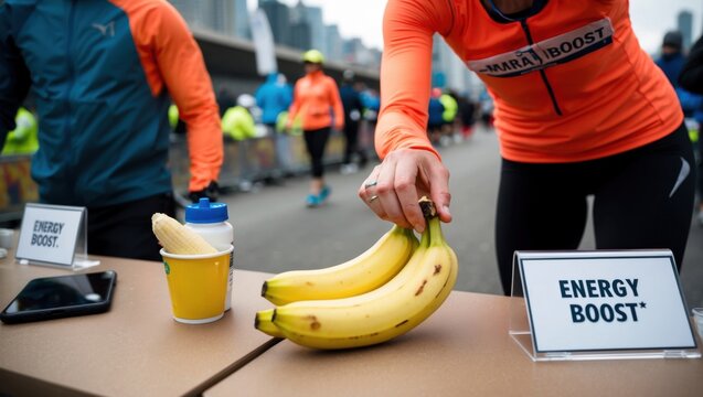 Runner prepares for race with bananas and energy boost drinks city marathon event photography urban environment close-up view nutrition concept