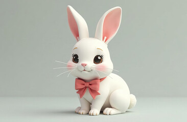 Fototapeta premium Cute white rabbit with a bow on its neck, light background. 