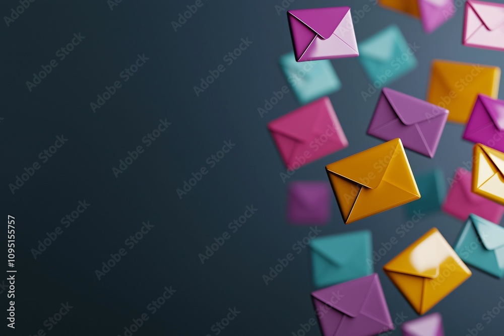 Poster email service. colorful envelopes float against a dark background, creating a vibrant and dynamic vi