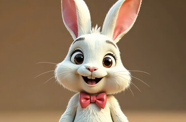 Fototapeta premium Cute white rabbit with a bow on its neck, light background. 
