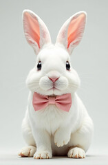 Fototapeta premium Cute white rabbit with a bow on its neck, light background. 