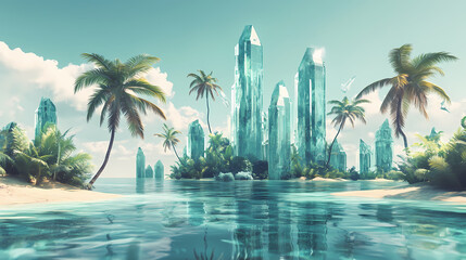 Naklejka premium Explore a forgotten paradise with towering palm trees swaying in the crystal clear waters of an abandoned tropical island. Floating Crystal Tower. Illustration