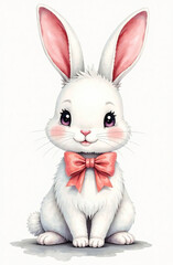 Obraz premium Cute white rabbit with a bow on its neck, light background. 