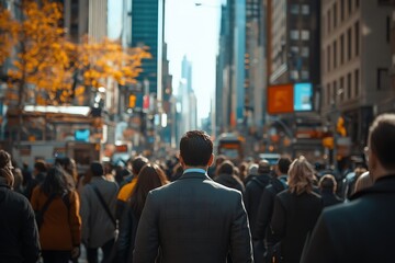Obraz premium NYC Business District Anonymous Commuter in Bright Sunlight