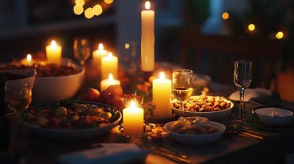 A cozy dinner setting with candles and festive food for celebration.
