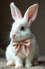 Obraz premium Cute white rabbit with a bow on its neck, light background. 