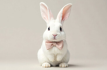Fototapeta premium Cute white rabbit with a bow on its neck, light background. 