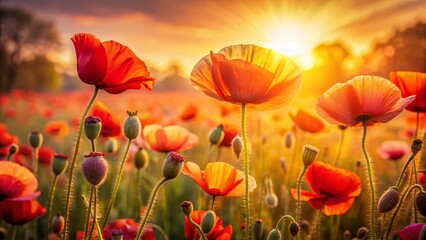 Fototapeta premium Vibrant Poppies Blooming in Soft Light - An Artistic Landscape Photography of Vivid Colors and Delicate Petals Showcasing Nature's Beauty in a Stunning Backdrop