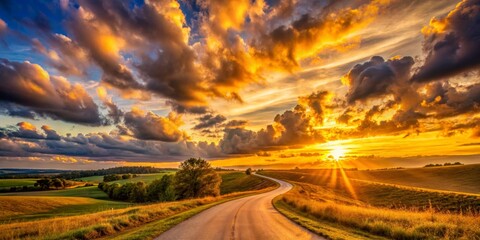Golden Hour Road A Winding Path Through Dramatic Sunset Skies and Rolling Hills