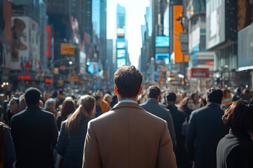 Obraz premium NYC Businessman Commutes Times Square Crowd, Blurred Background