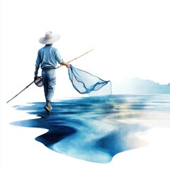 Fototapeta premium a fisherman casting a net, traditional job focus, lifelike detail, aquatic tones, isolated on white background